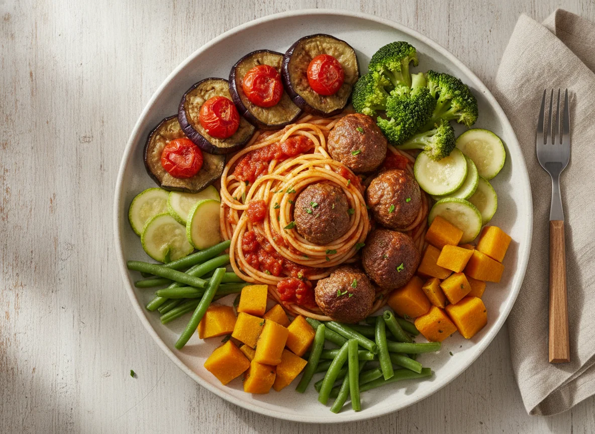 Espaguete com almôndegas e legumes variados photo