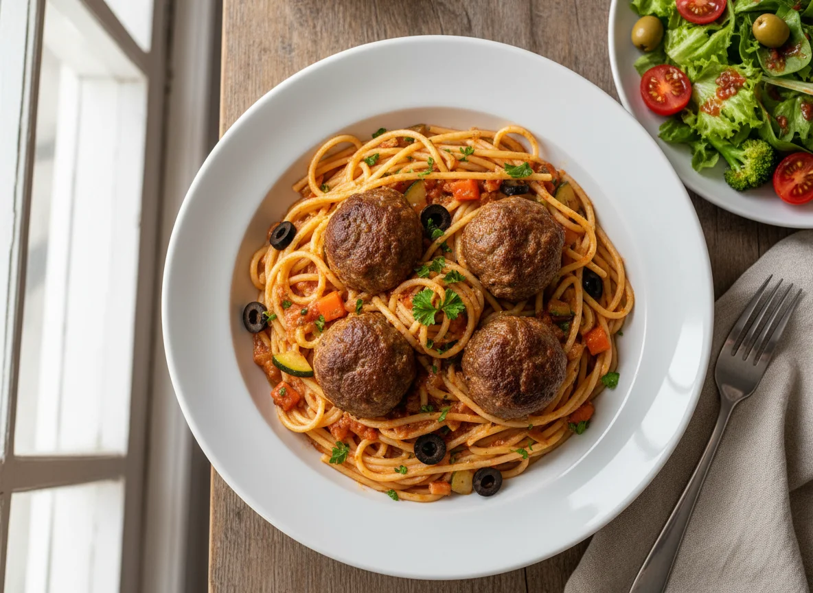Espaguete com almôndegas e salada photo