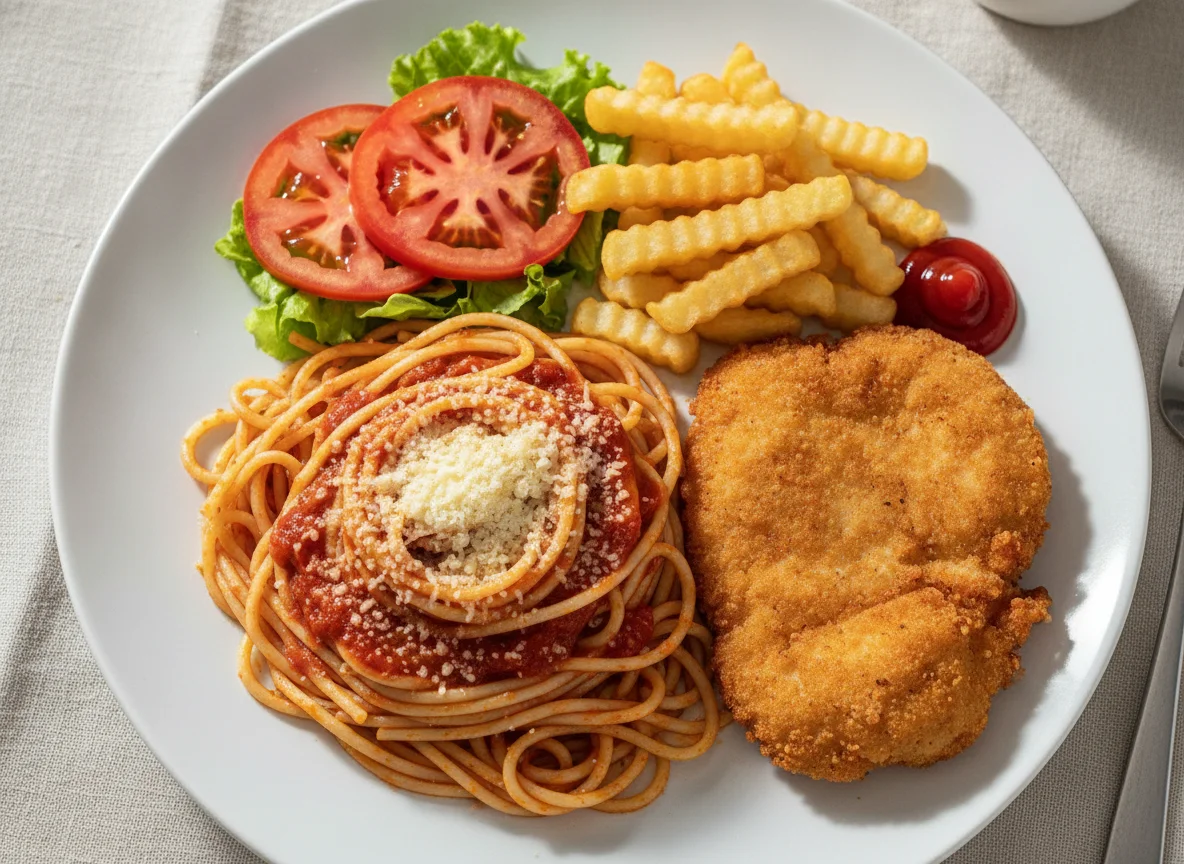 Espaguete com bife empanado, batata frita e salada photo