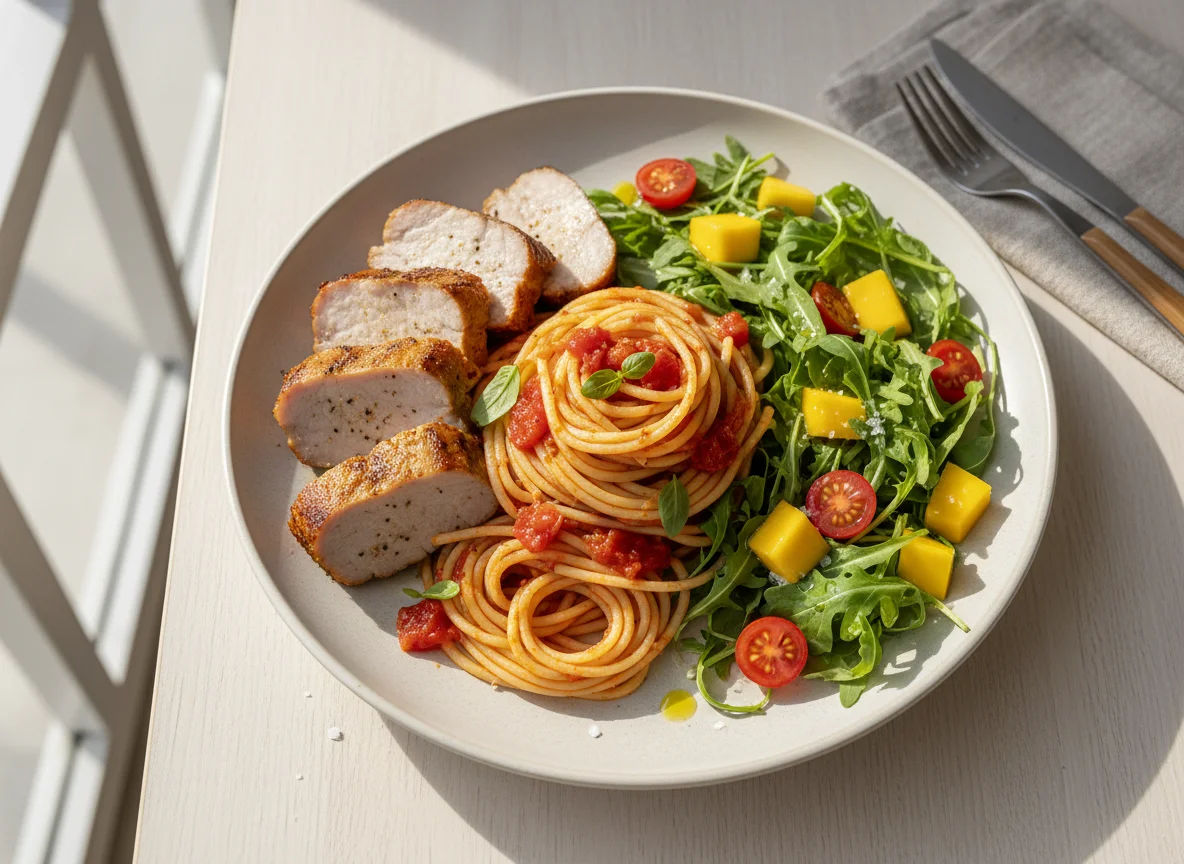 Espaguete com carne de porco e salada de manga photo