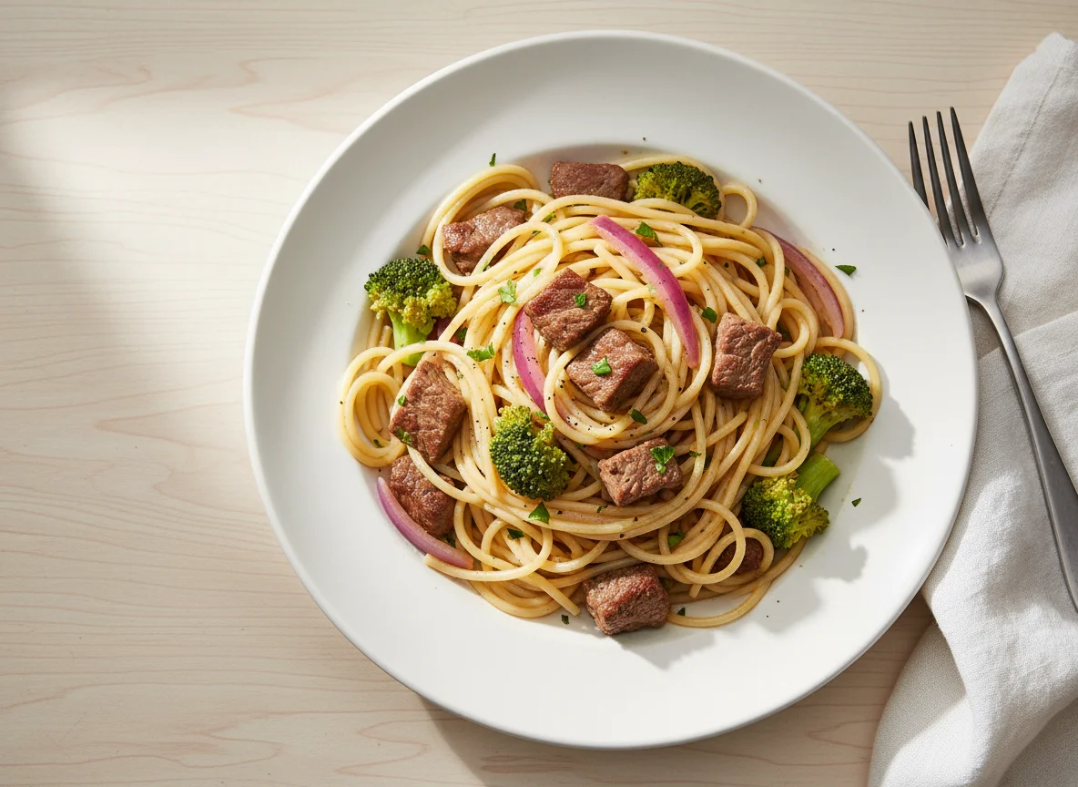 Espaguete com carne e brócolis photo