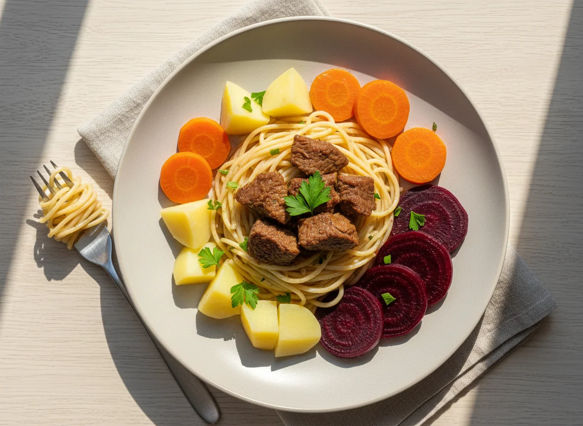 Espaguete com carne e legumes cozidos photo