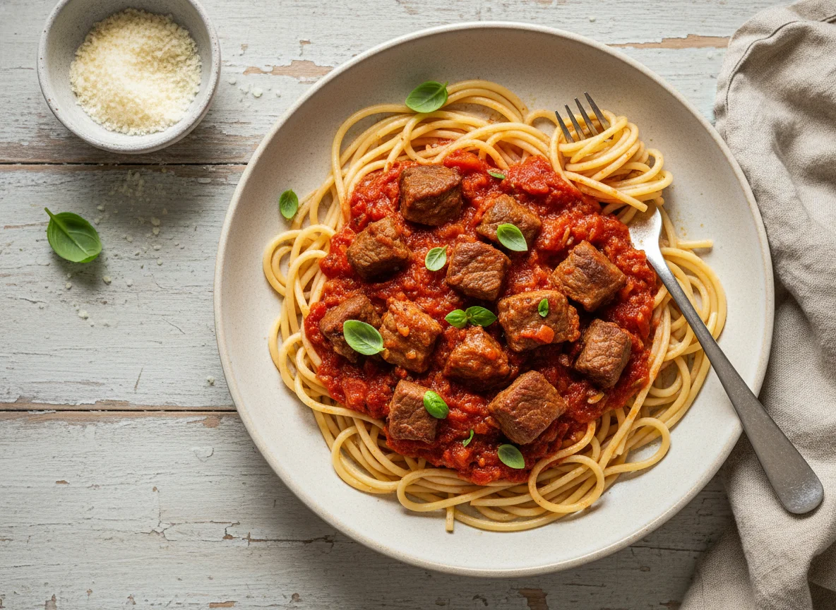 Espaguete com carne e molho de tomate photo
