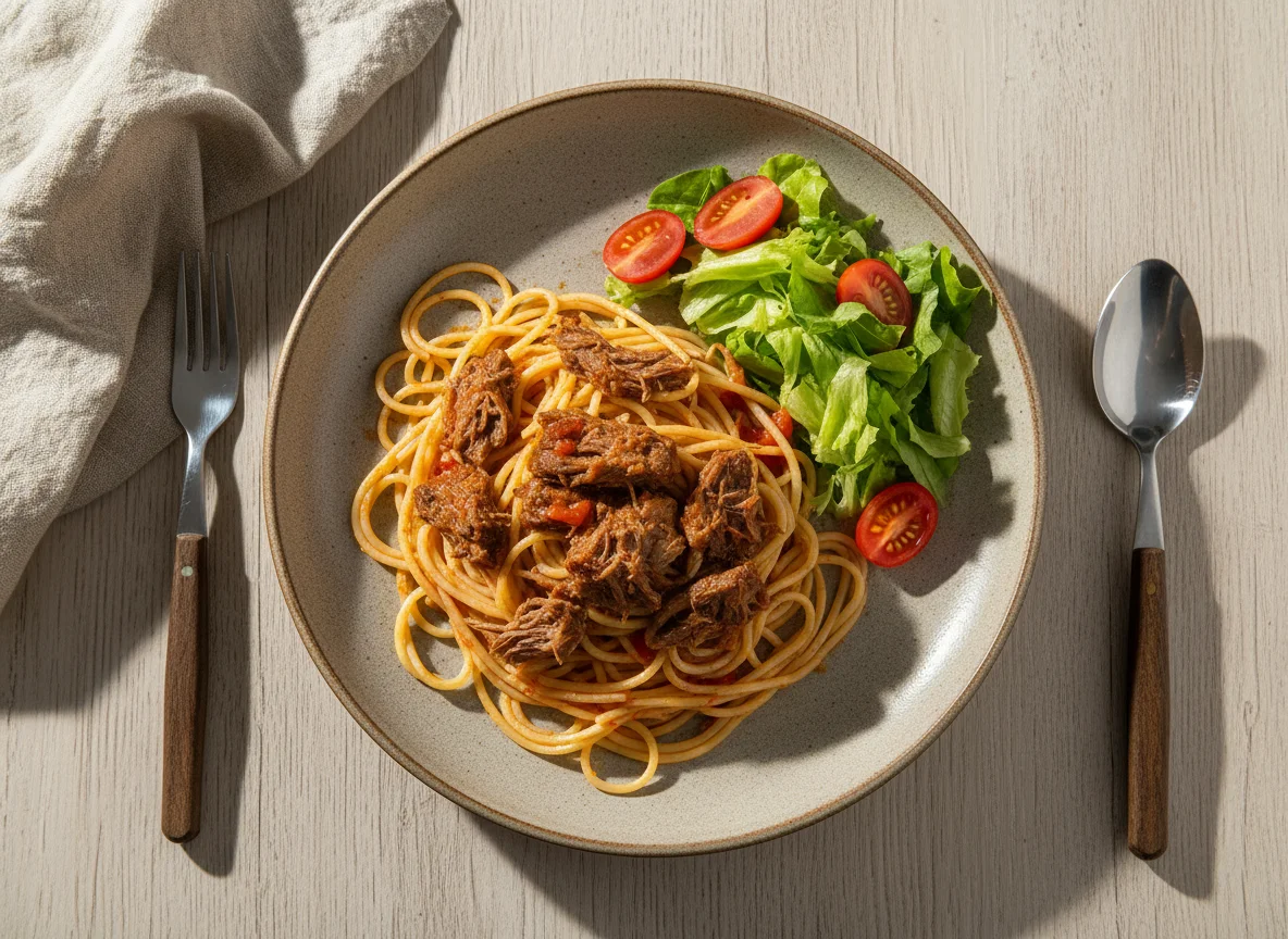 Espaguete com carne e salada photo