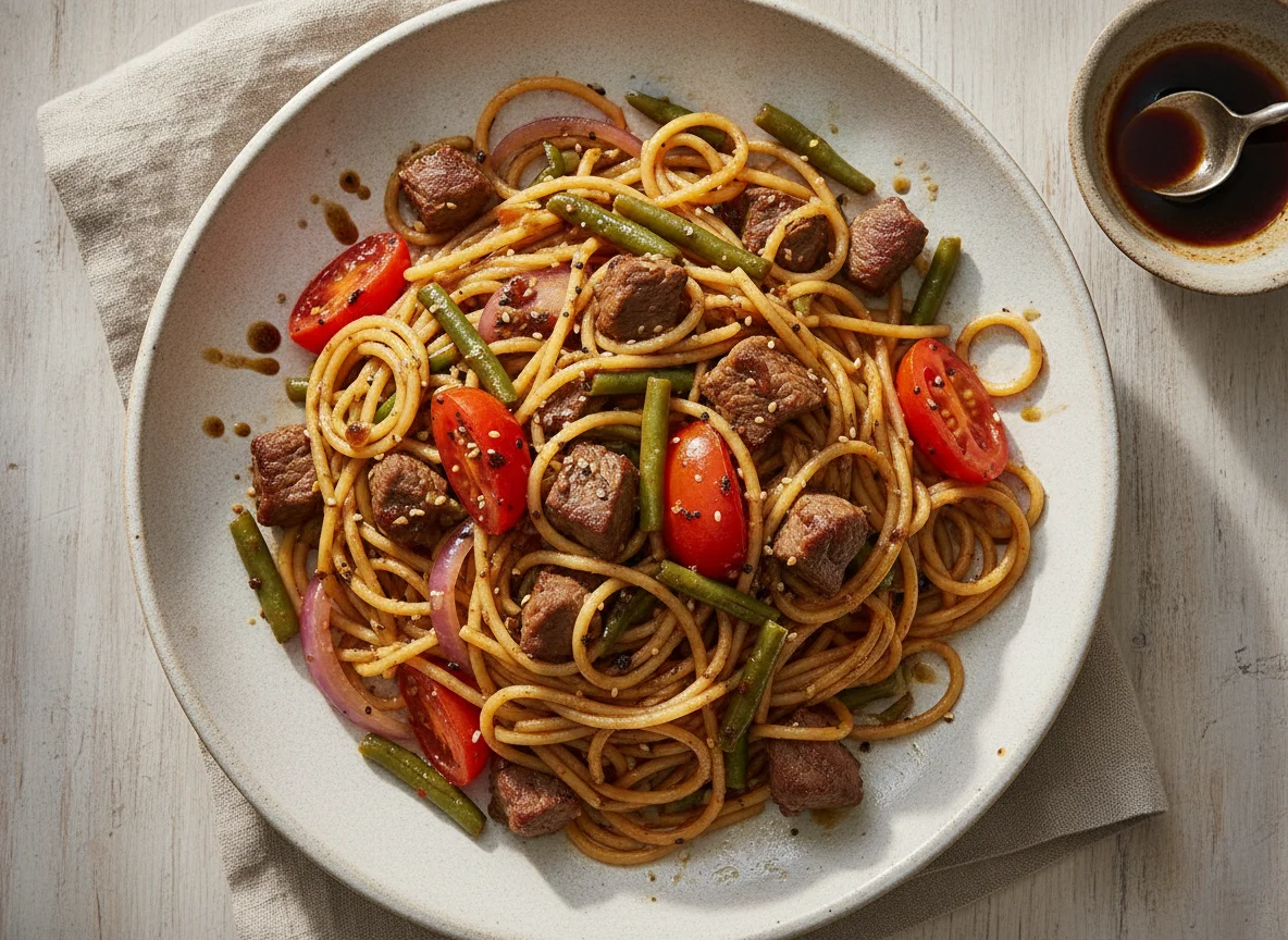 Espaguete com carne e vegetais photo