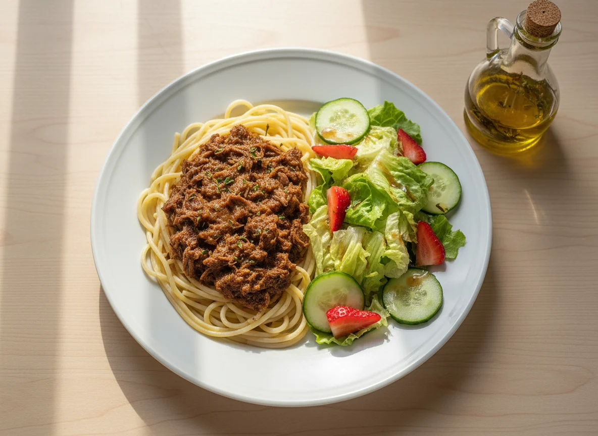 Espaguete com carne ensopada e salada photo