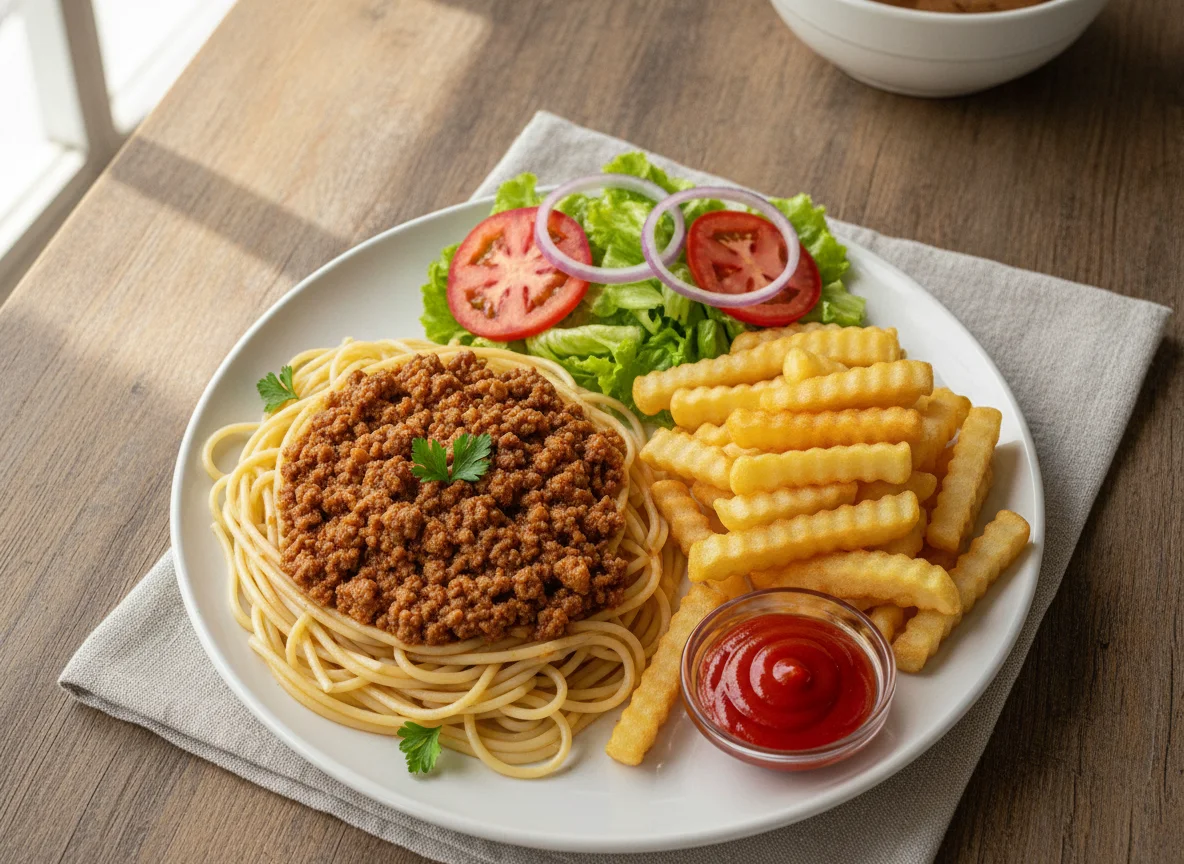 Espaguete com carne moída, batata frita e salada photo