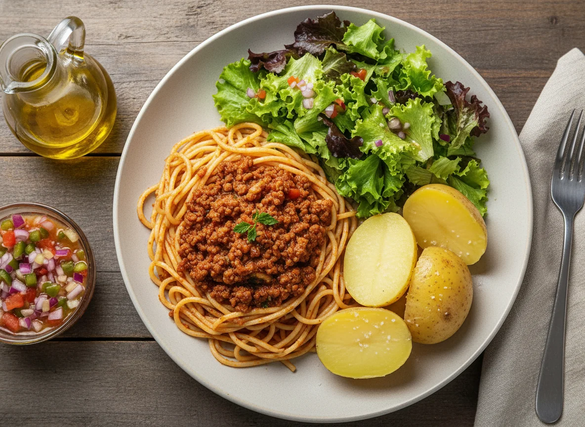 Espaguete com carne moída, batatas e salada photo