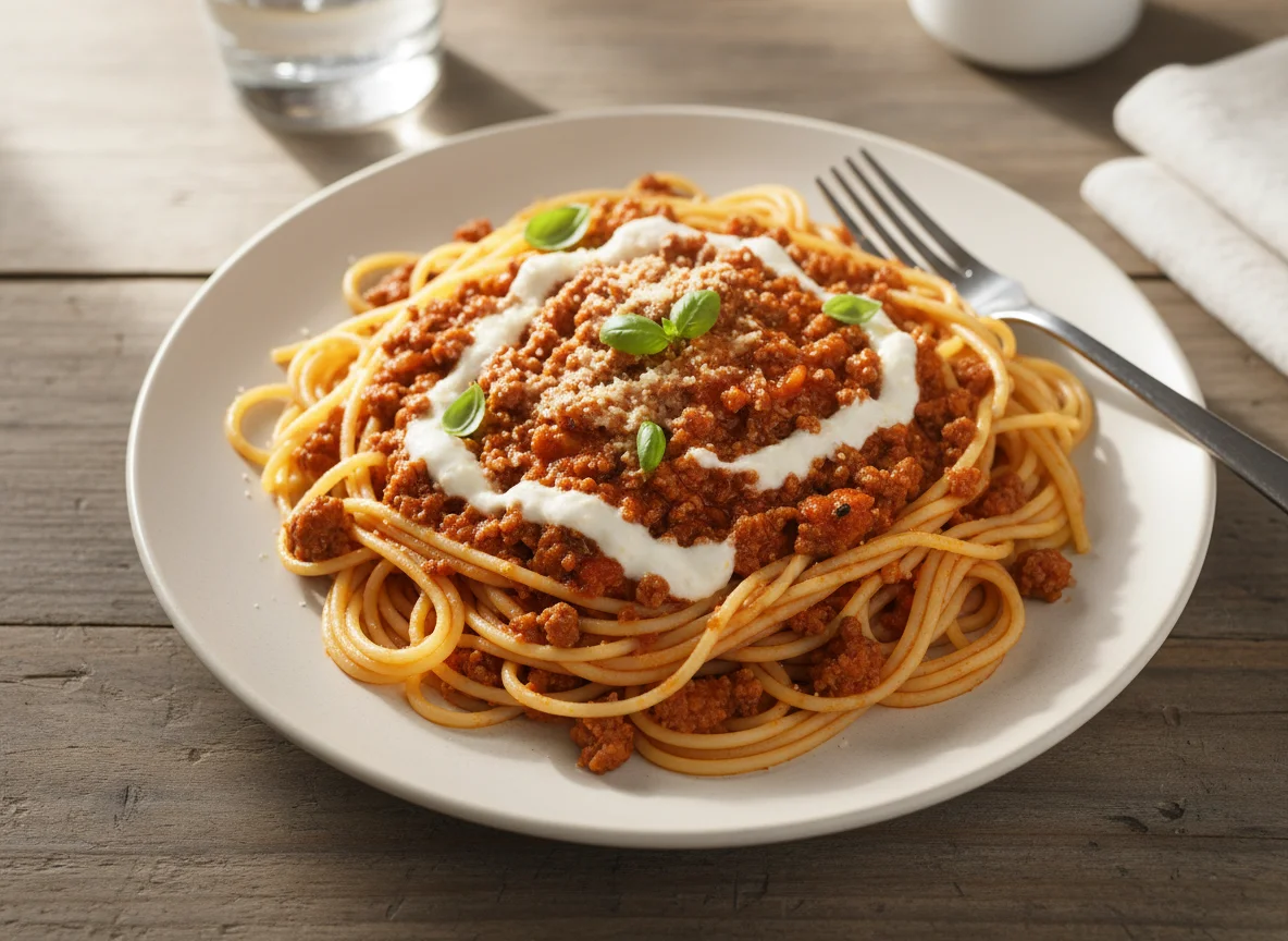 Espaguete com carne moída, creme e molho de tomate photo