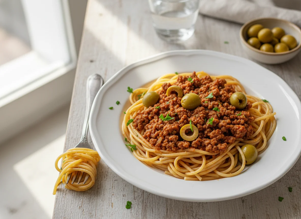 Espaguete com Carne Moída e Azeitonas photo