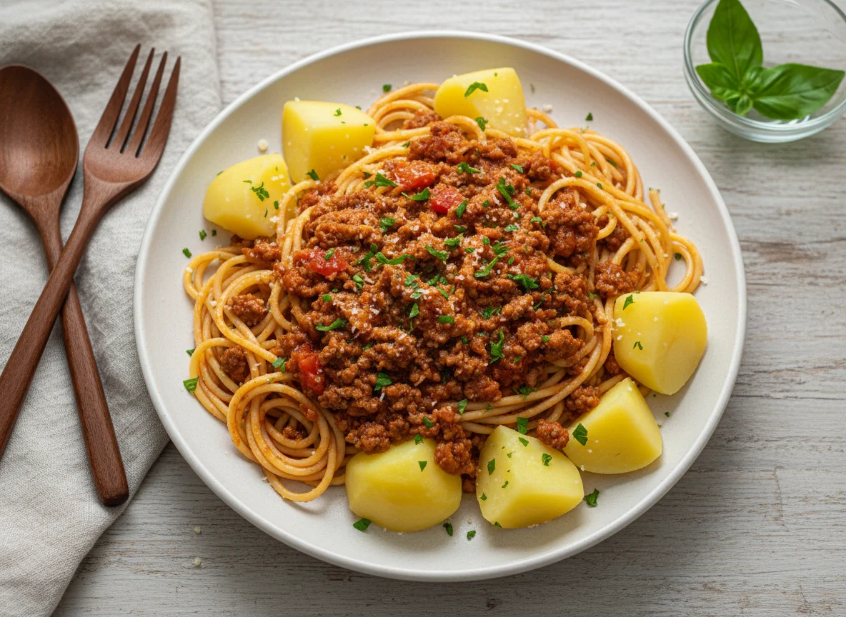 Espaguete com carne moída e batata photo