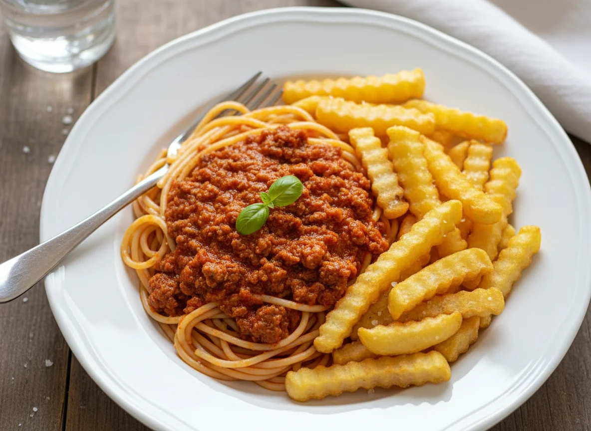 Espaguete com carne moída e batata frita photo