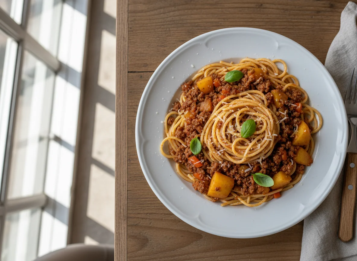 Espaguete com carne moída e batatas photo