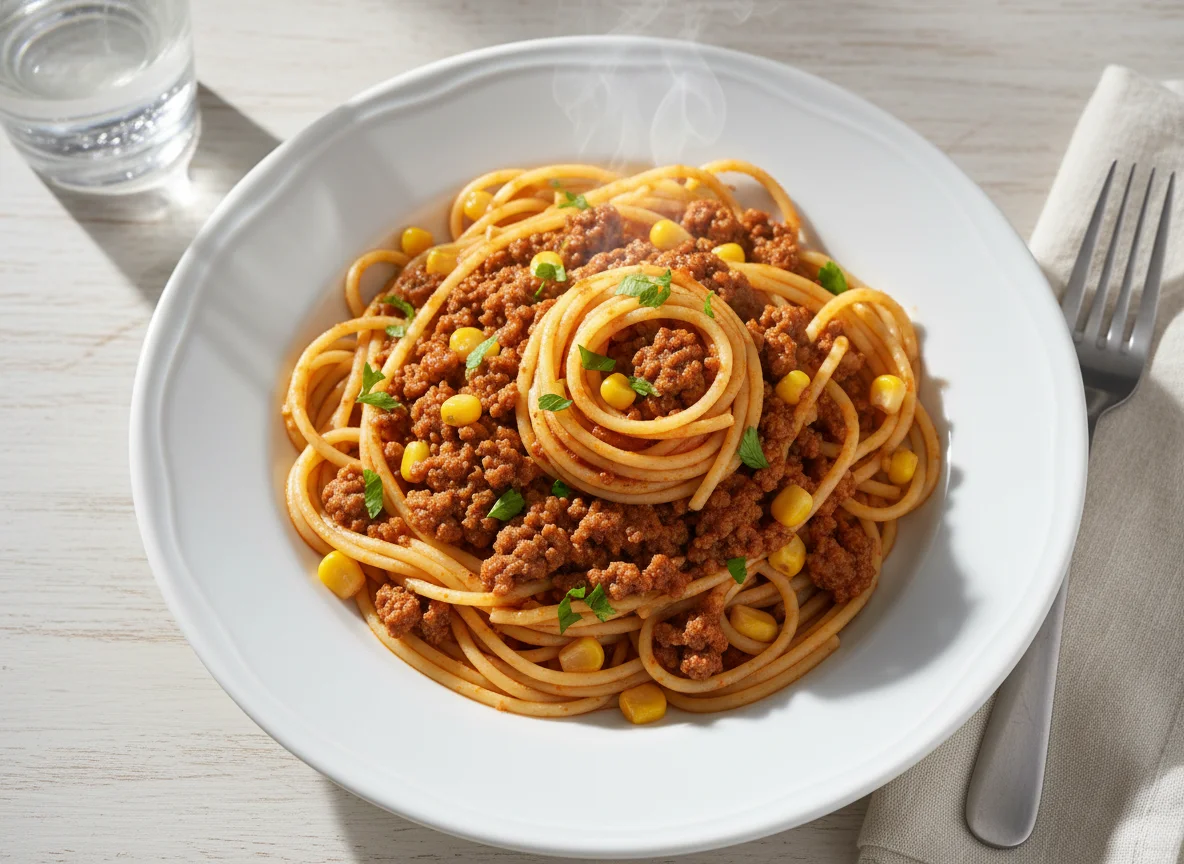 Espaguete com carne moída e milho photo