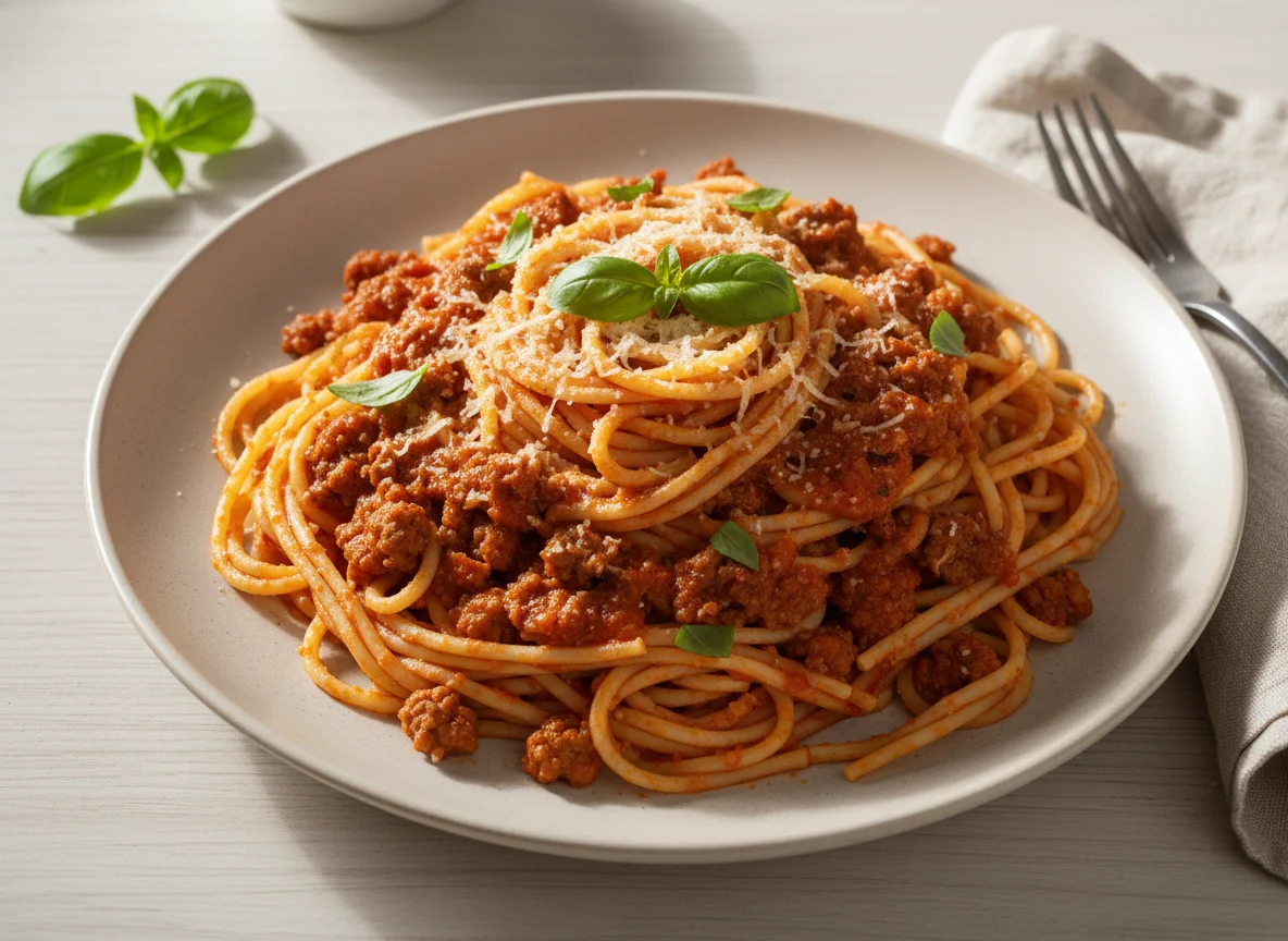 Espaguete com carne moída e molho de tomate photo