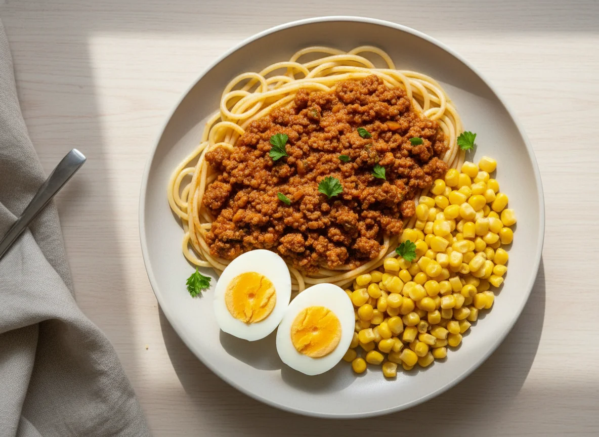 Espaguete com carne moída e ovo cozido photo