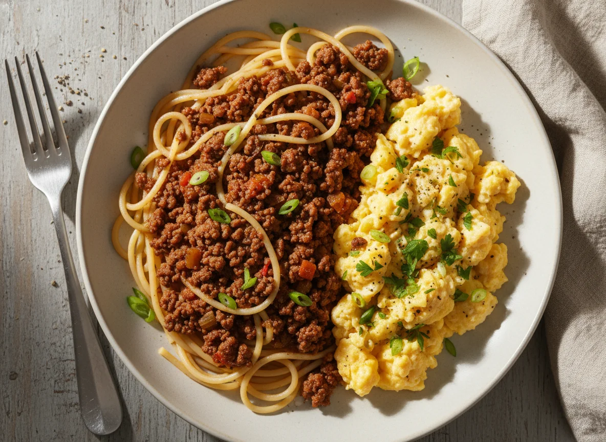 Espaguete com Carne Moída e Ovos Mexidos photo