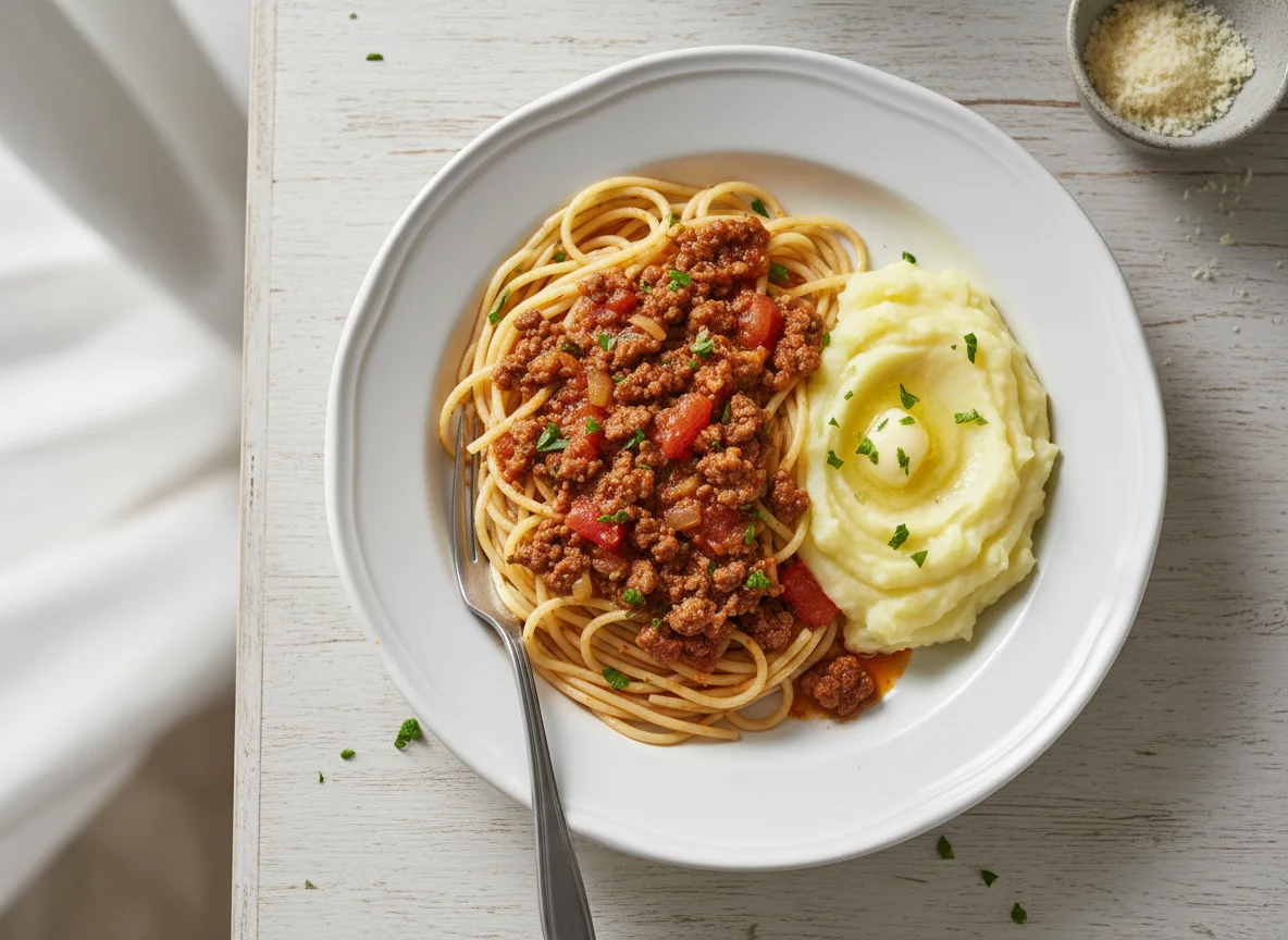 Espaguete com carne moída e purê de batata photo