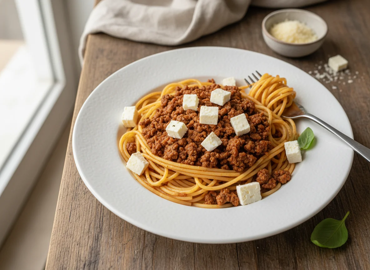 Espaguete com carne moída e queijo photo