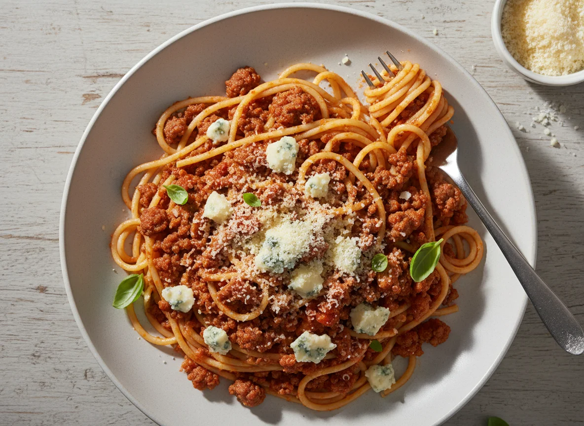 Espaguete com carne moída e queijos photo