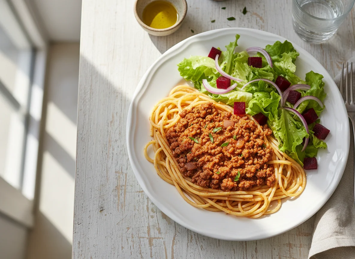Espaguete com carne moída e salada photo