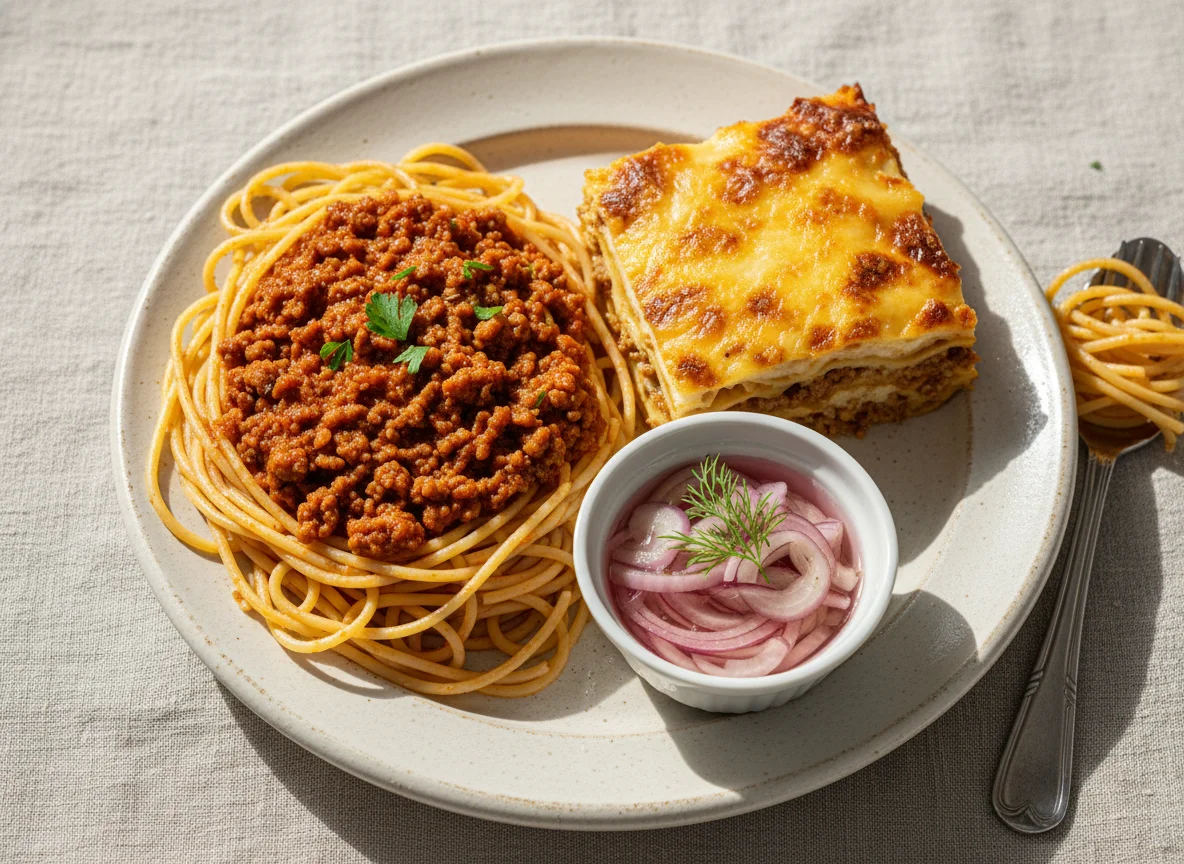 Espaguete com carne moída, lasanha e cebolas em conserva photo