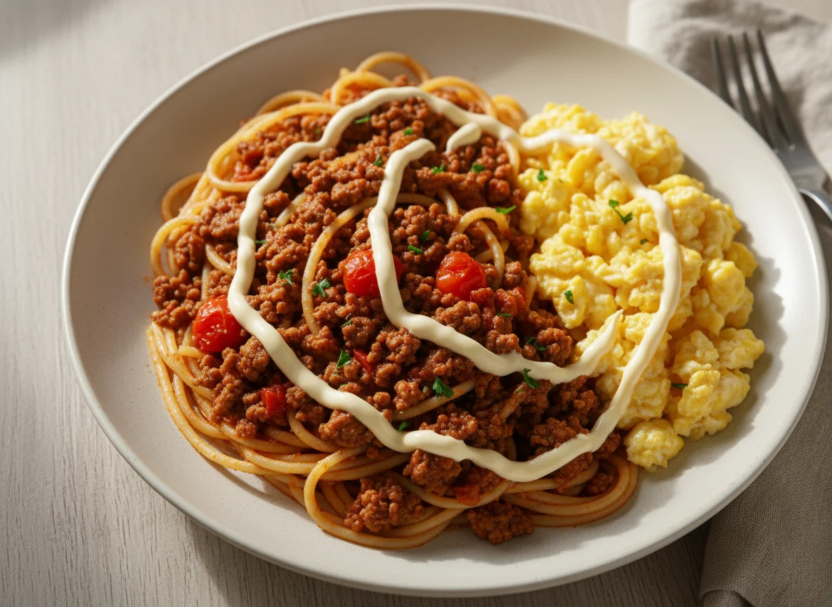 Espaguete com Carne Moída, Ovo Mexido e Maionese photo