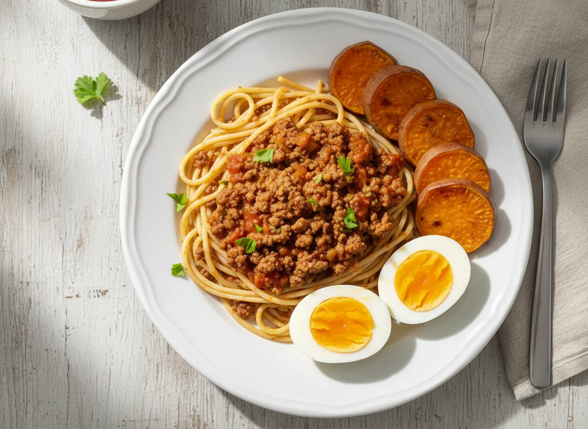 Espaguete com carne moída, ovos cozidos e batata doce photo