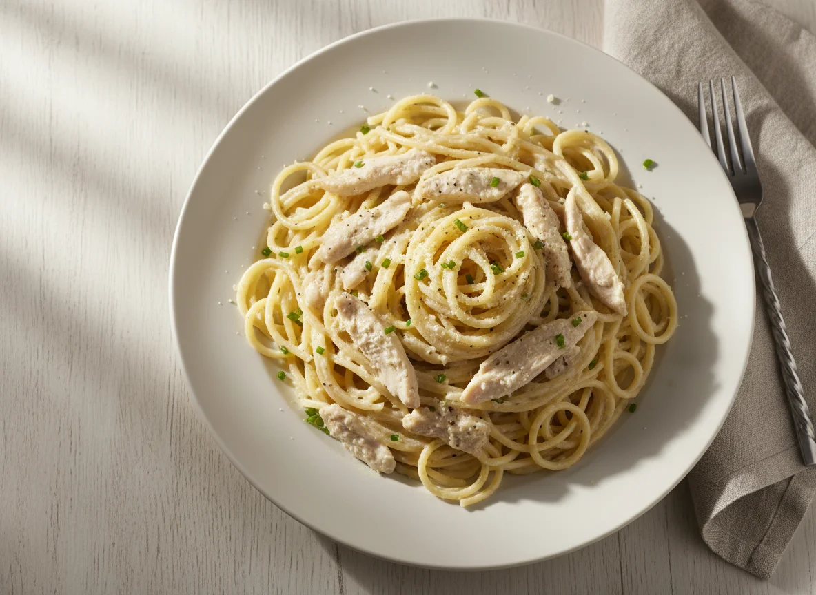 Espaguete com frango ao molho branco photo