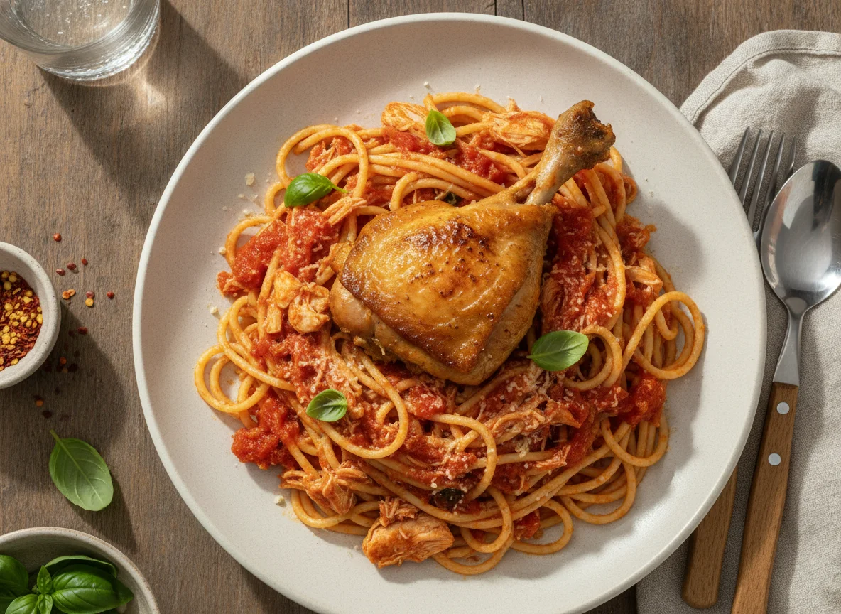 Espaguete com frango e molho de tomate photo