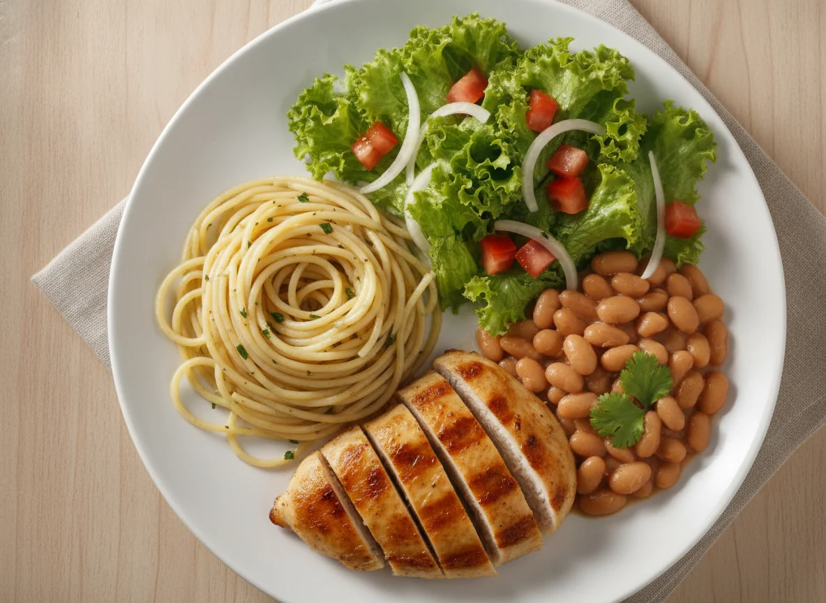 Espaguete com frango grelhado, feijão e salada photo