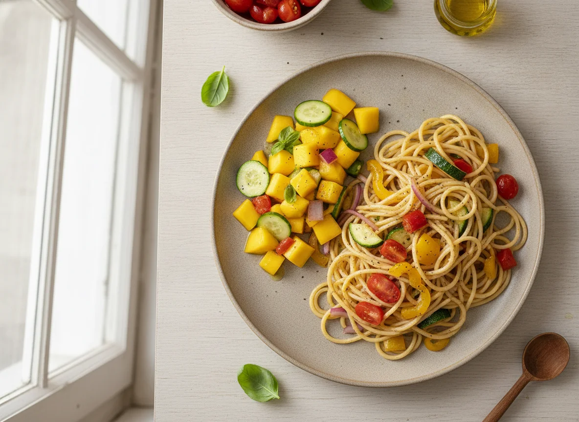 Espaguete com legumes e salada de manga photo