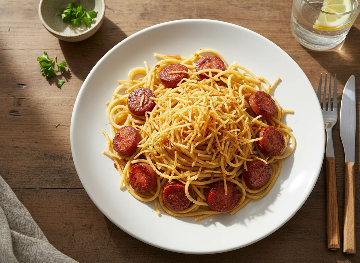 Espaguete com linguiça e batata frita photo