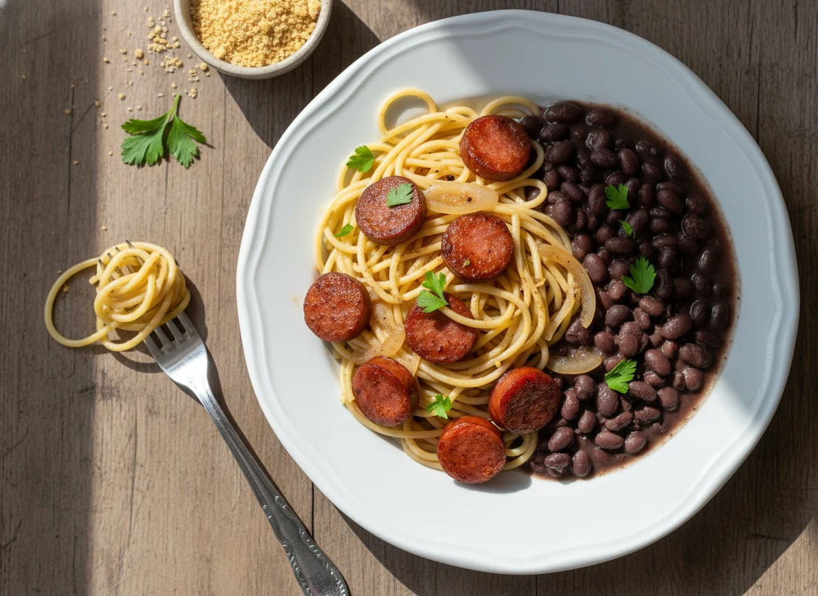 Espaguete com linguiça e feijão photo