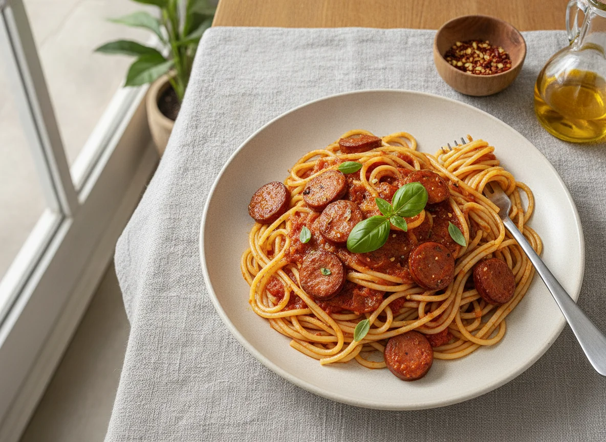 Espaguete com Linguiça e Molho de Tomate photo
