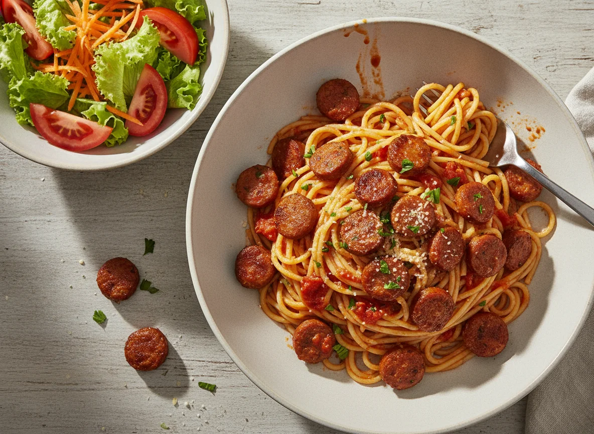 Espaguete com linguiça e salada mista photo