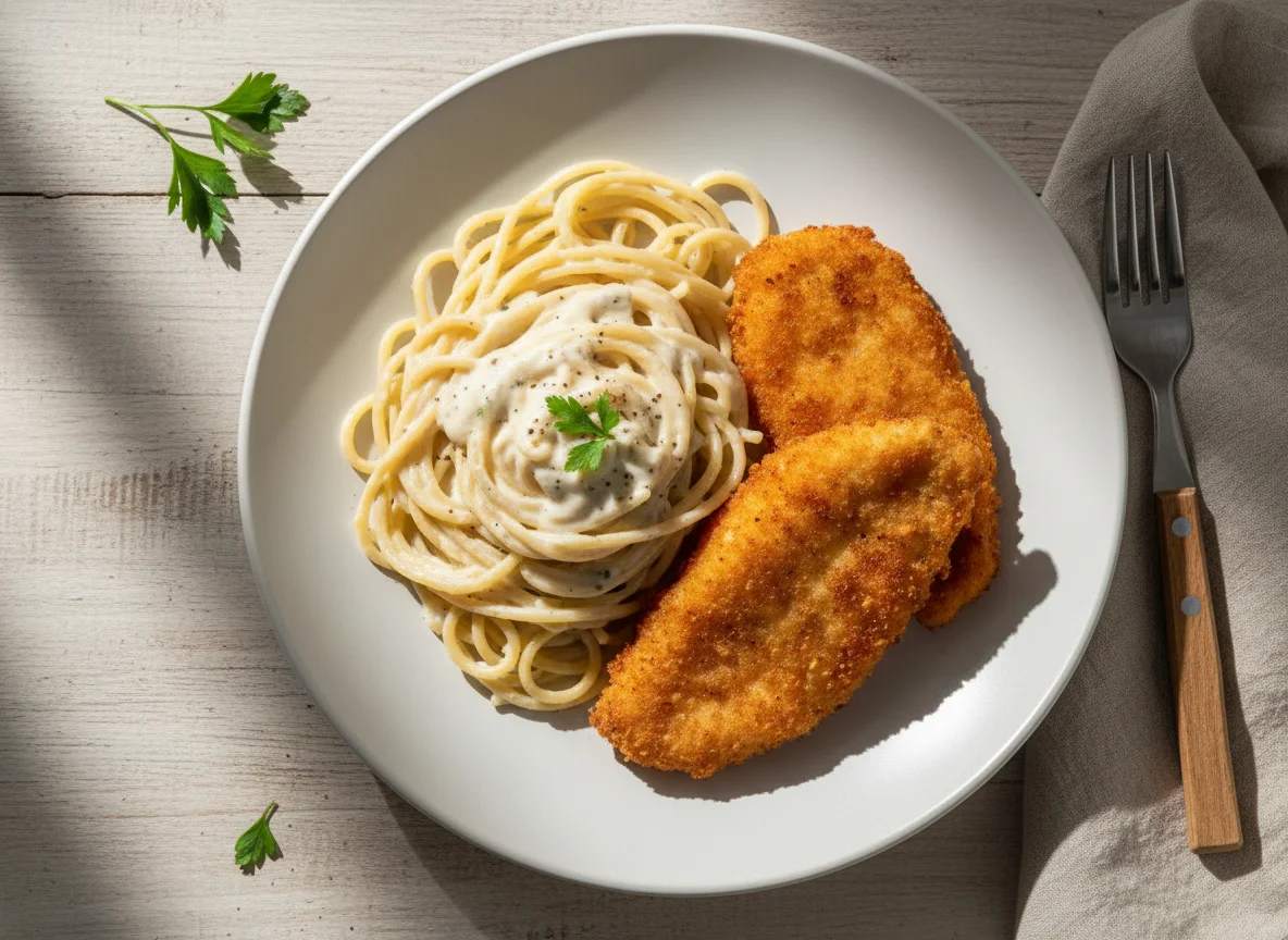 Espaguete com Molho Branco e Frango à Milanesa photo