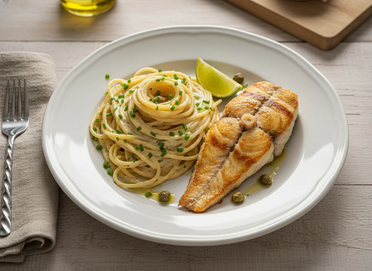 Espaguete com molho branco e peixe photo