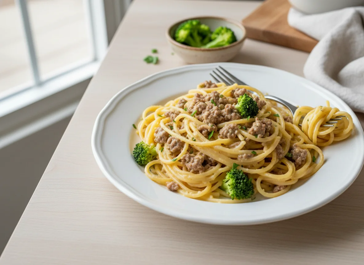Espaguete com molho cremoso, carne moída e brócolis photo