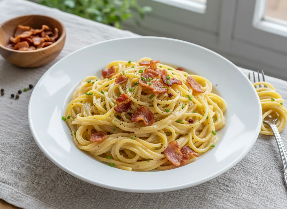 Espaguete com Molho Cremoso e Bacon Crocante photo