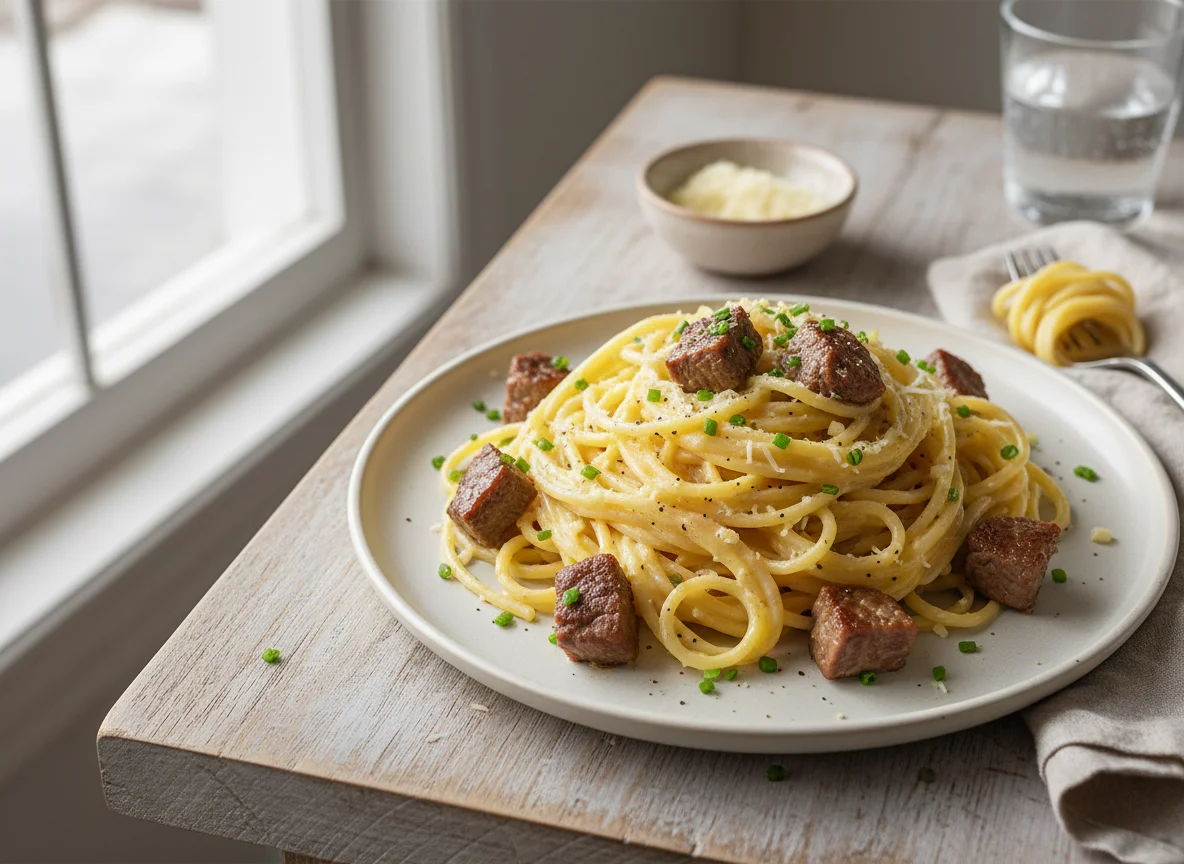 Espaguete com molho cremoso e carne photo