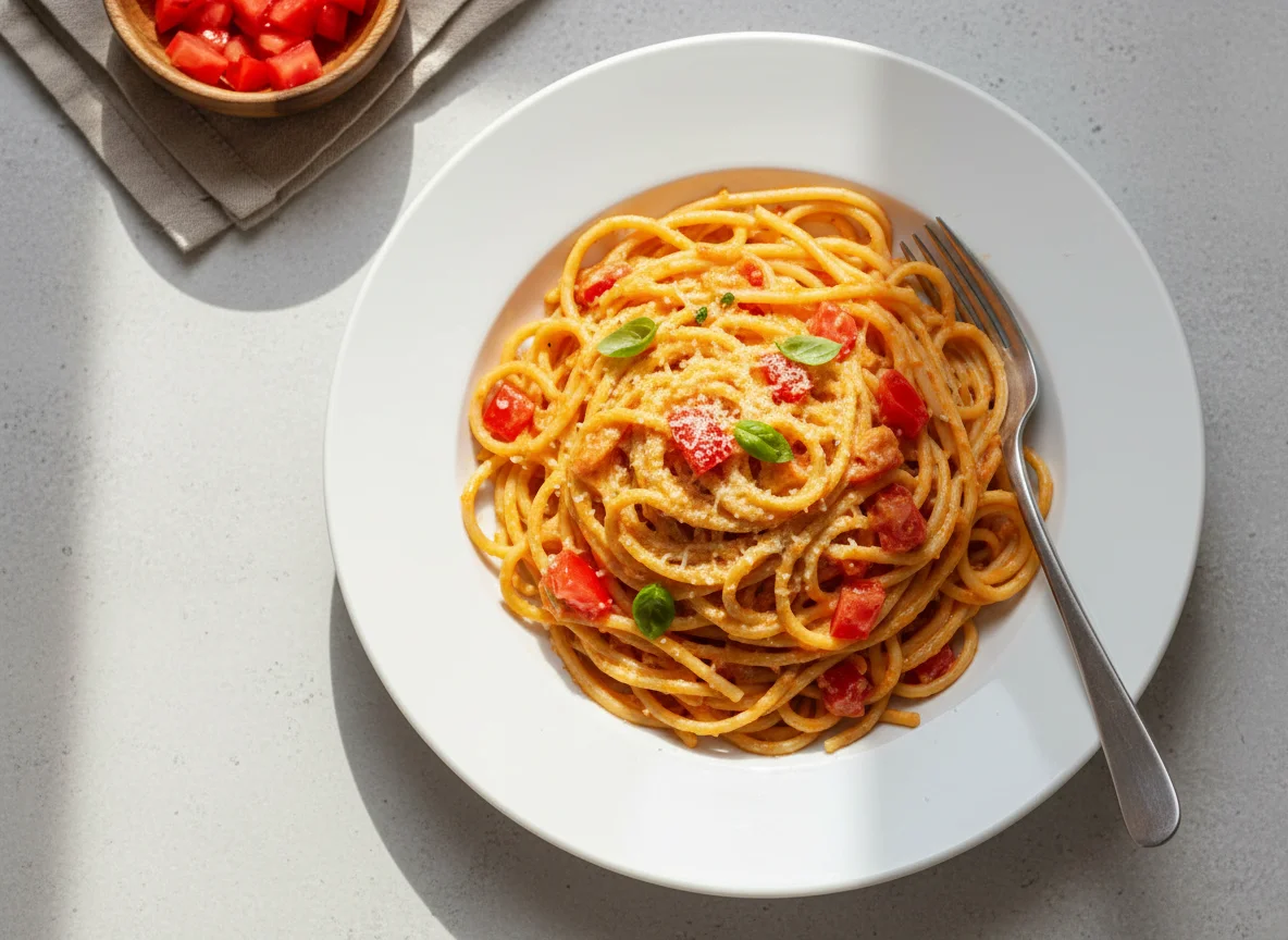 Espaguete com molho cremoso e tomate photo