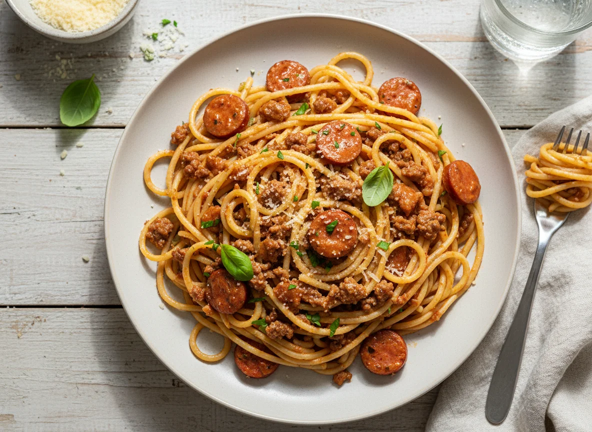 Espaguete com molho de carne moída e salsicha photo
