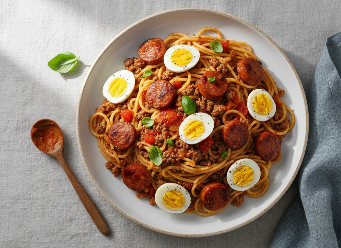 Espaguete com molho de carne moída, salsicha e ovos de codorna photo