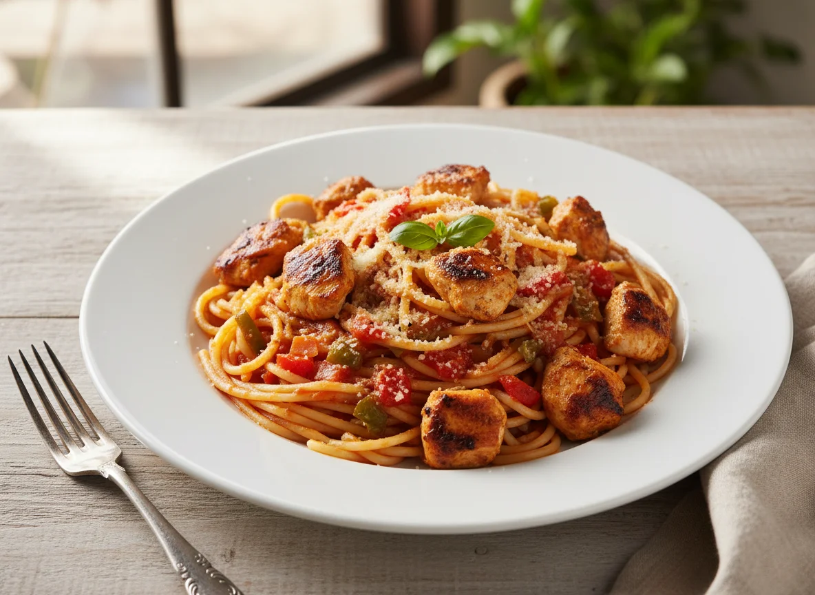 Espaguete com molho de tomate e frango photo