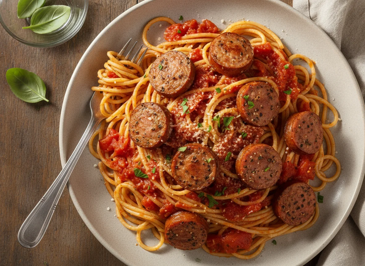 Espaguete com molho de tomate e linguiça assada photo