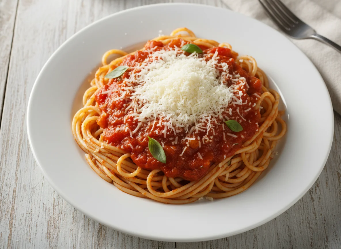 Espaguete com molho de tomate e queijo parmesão photo
