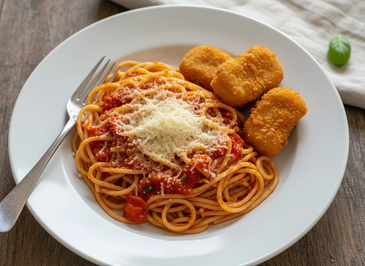 Espaguete com molho de tomate, queijo ralado e nuggets de frango photo
