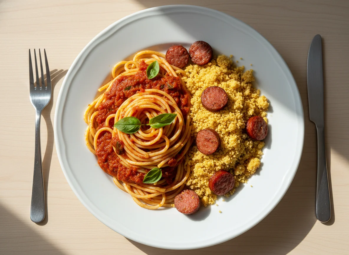 Espaguete com molho e farofa com linguiça photo