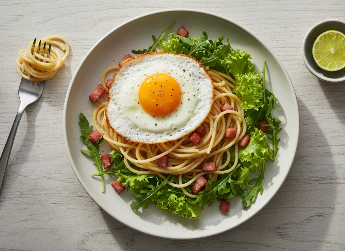 Espaguete com ovo frito e salada photo